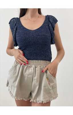 Crop top s volánikový rukávmi CALINA tmavomodrý